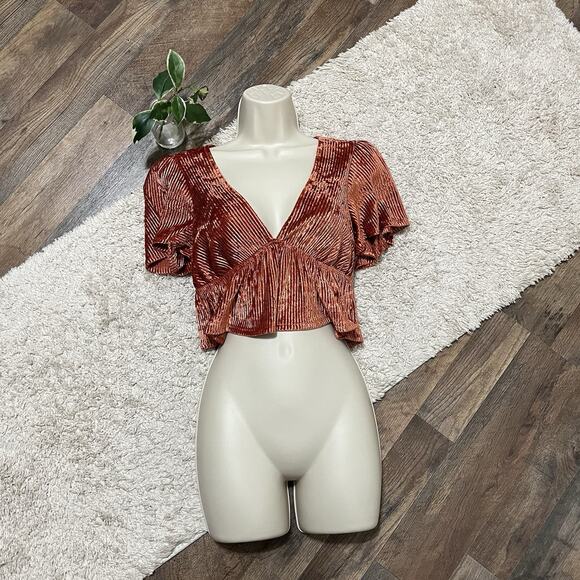 Urban Outfitters Size Small Orange Velvet Ribbed V Neck Cropped Peplum Top - Picture 2 of 7